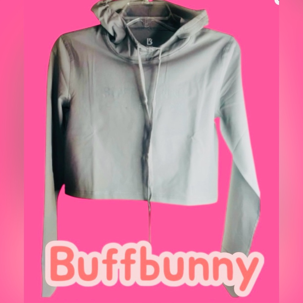 NEW BUFFBUNNY Collection Heather Gray Crop hoodie Logo front and back